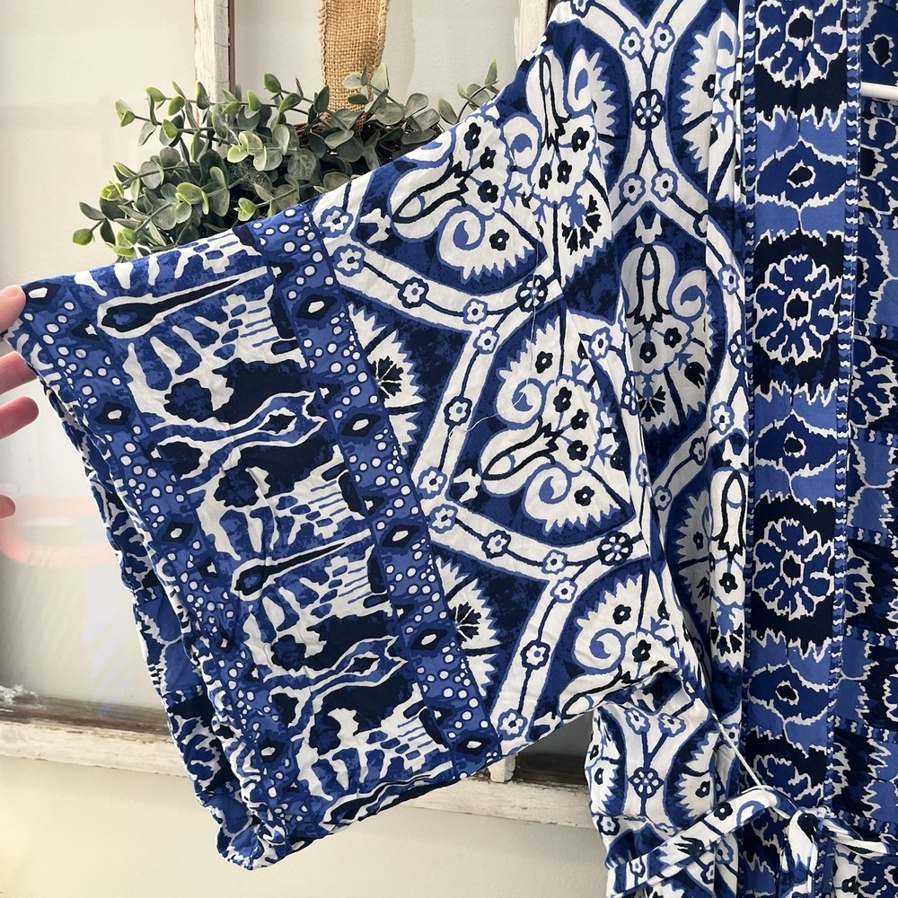 haute hippie rayon porcelain blue white reversible kimono belt robe cover up, M - Picture 4 of 7